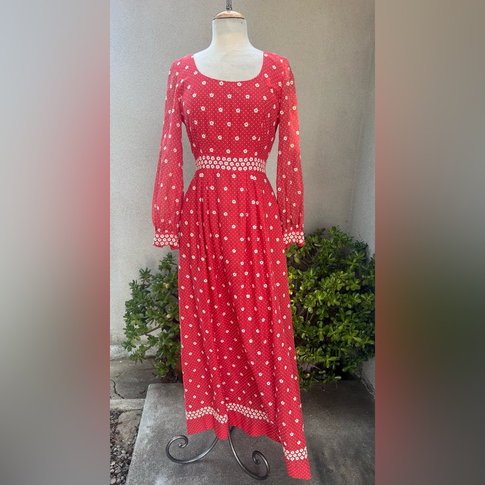 Vintage 70s boho maxi dress burnt orange sheer beige embroidered Small Carlye